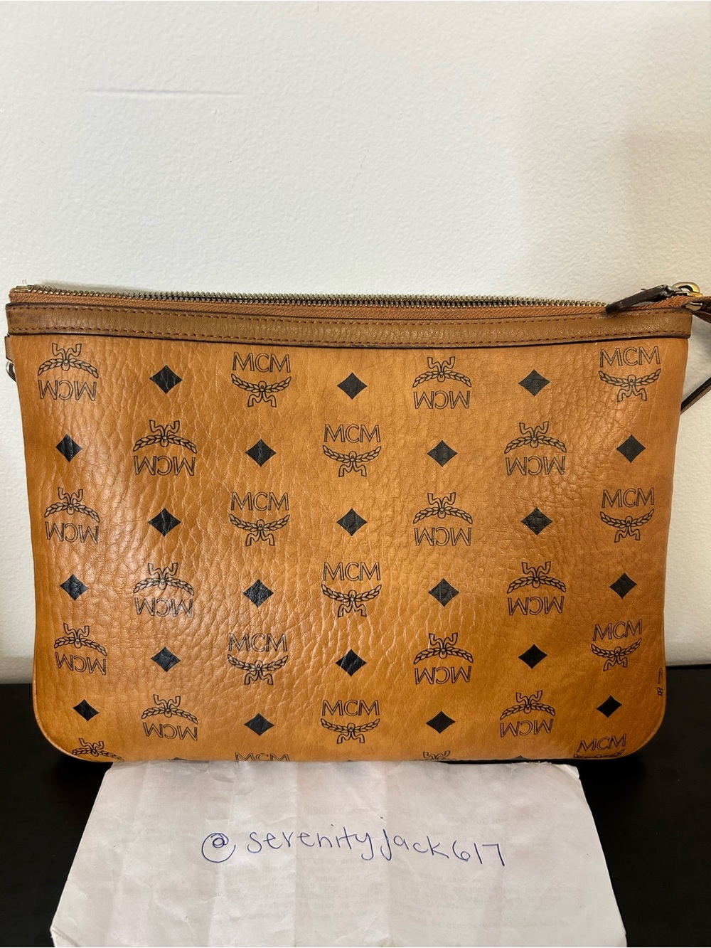MCM Cognac Visetos Logo Zip Pouch